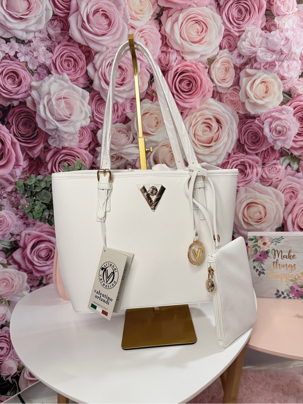 Valentino Orlandi Cream Tote with Gold Hardware and Removable Pouch